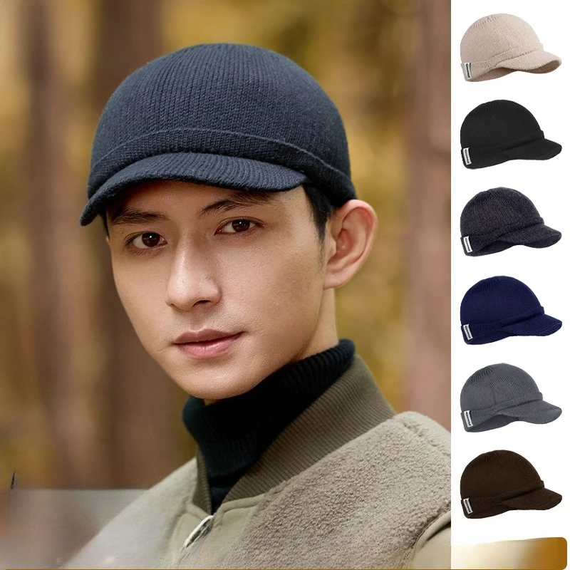 Autumn and Winter New Men's Versatile Fashion Knitted Forward Hat Thickened Warm Wool Hat Solid Color Short Brim Cap