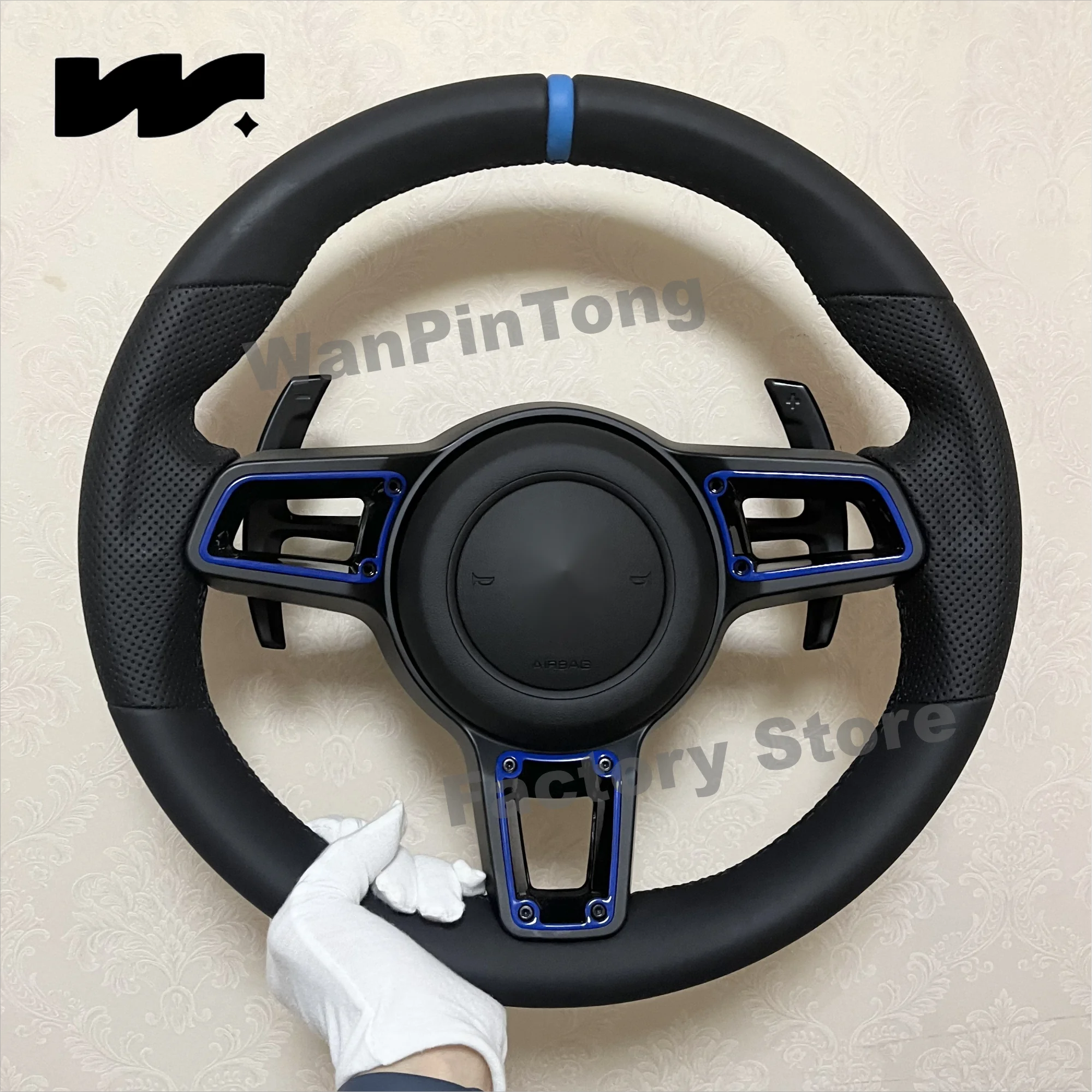 

Customized for Porsche blue return mark black leather black perforated leather steering wheel, Cayenne Macan Boxster Cayman...