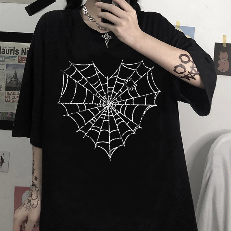 

Women T-shirt Fun Spider Web Print Short Sleeve T-shirts Female Harajuku Ulzzang Summer Vinatge Summer Oversized Shirt Tops