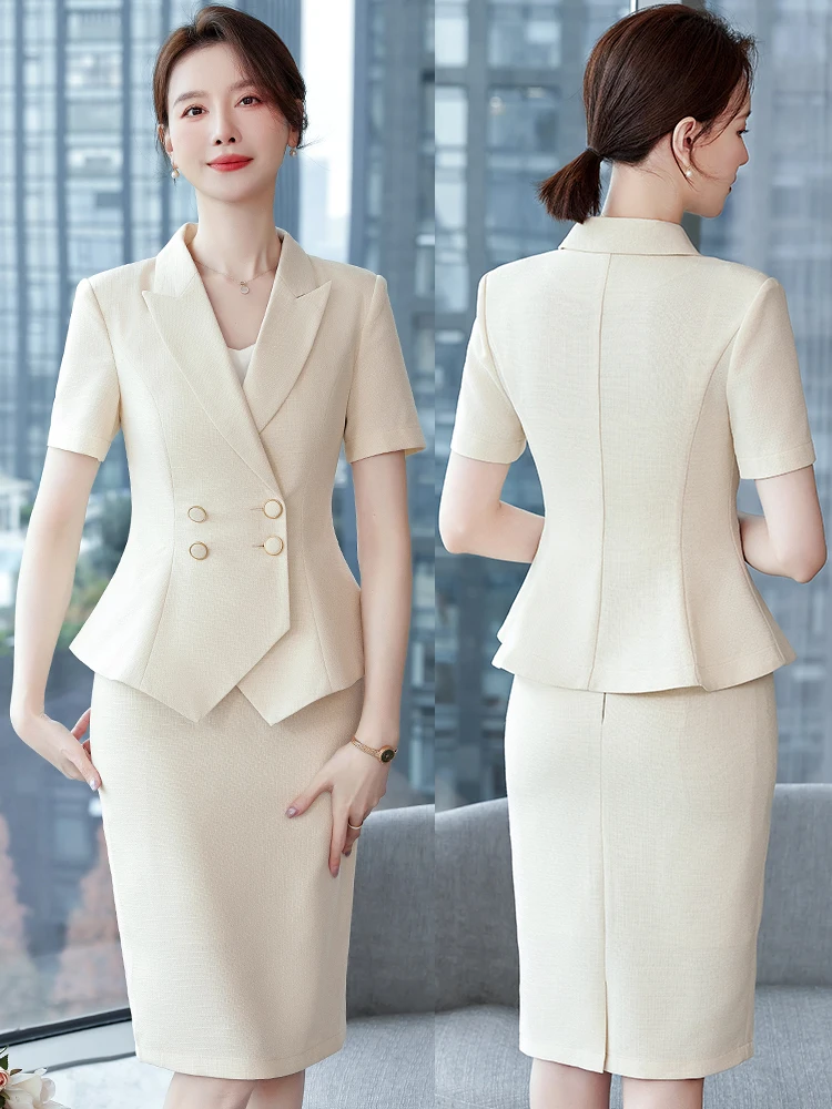 

Летний костюм с коротким рукавом для женщин: элегантный комплект для ведущих, униформа для салонов красоты, профессиональный юбочный костюм из полиэстера