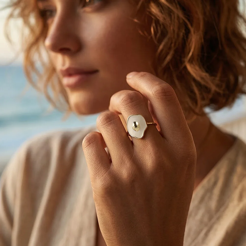 925 Sterling Silver Big Block White Resin Scallop Open Rings For Women Simple Trendy Lightweight Wide Statement Ring Party Gift