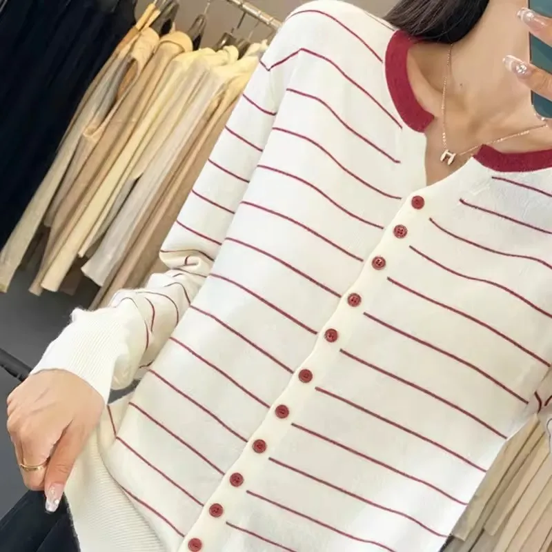 Spring Autumn Contrasting Striped Cardigan for Women Fashion Single-Breasted Knitted O-Neck Sweater Casual Versatile Thin Tops