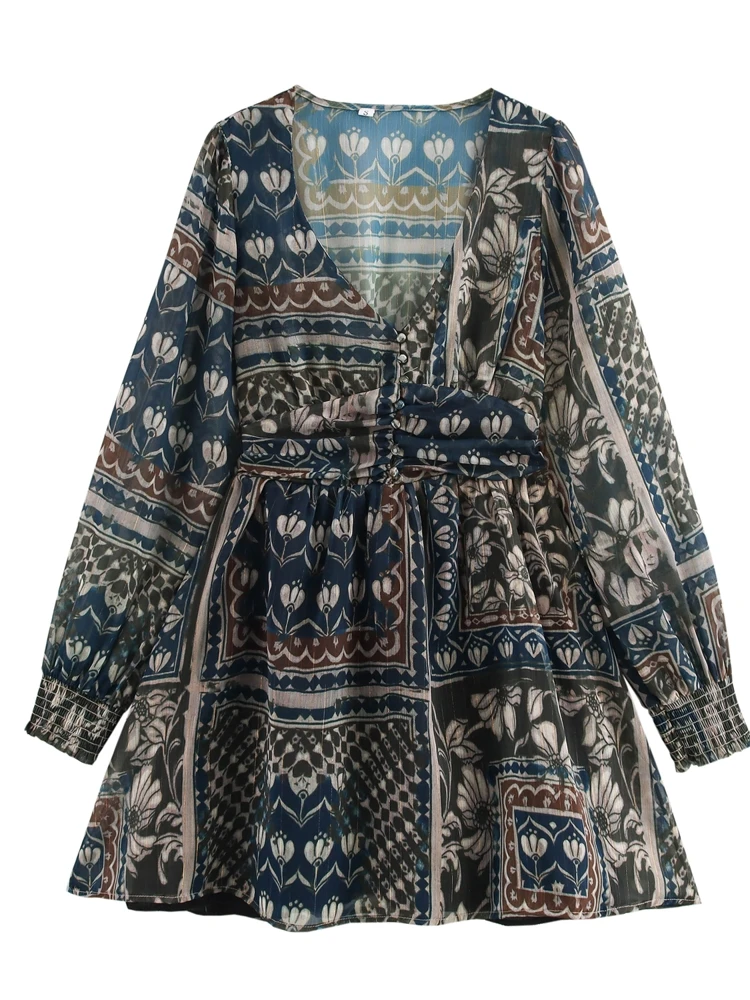 

OUROPEAN ZTATION 2025 Spring New Female Vintage Button Top Dress Sophisticated Autumn Woman Long Sleeve Dresses V-Collar Floral