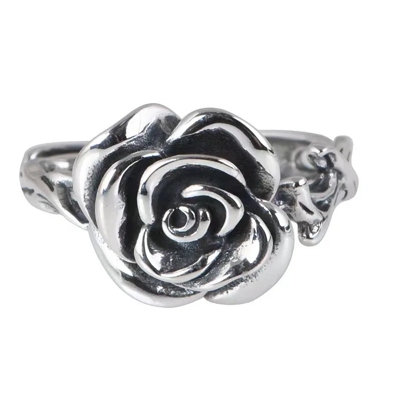 Fashion Lady S925 Ring Adjustable Vintage Relief Rose Flower Ring Women Jewelry Gift For Girlfriend