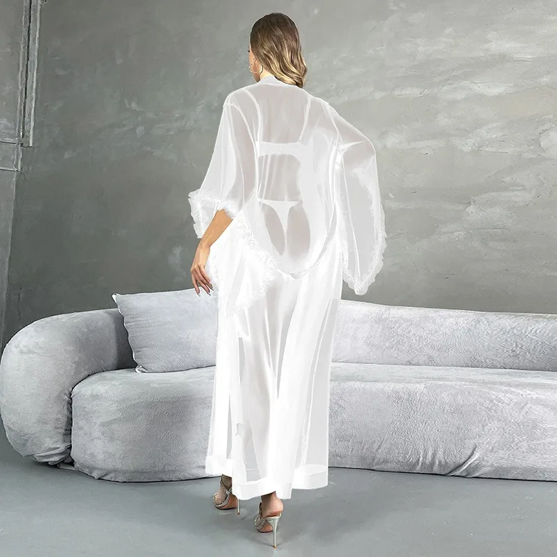 Sexy Mesh Long Robe Elegant Mesh Long Sleeved Nightgown with Knot Cuffs Sheer Loose-Fit Loungewear for Women