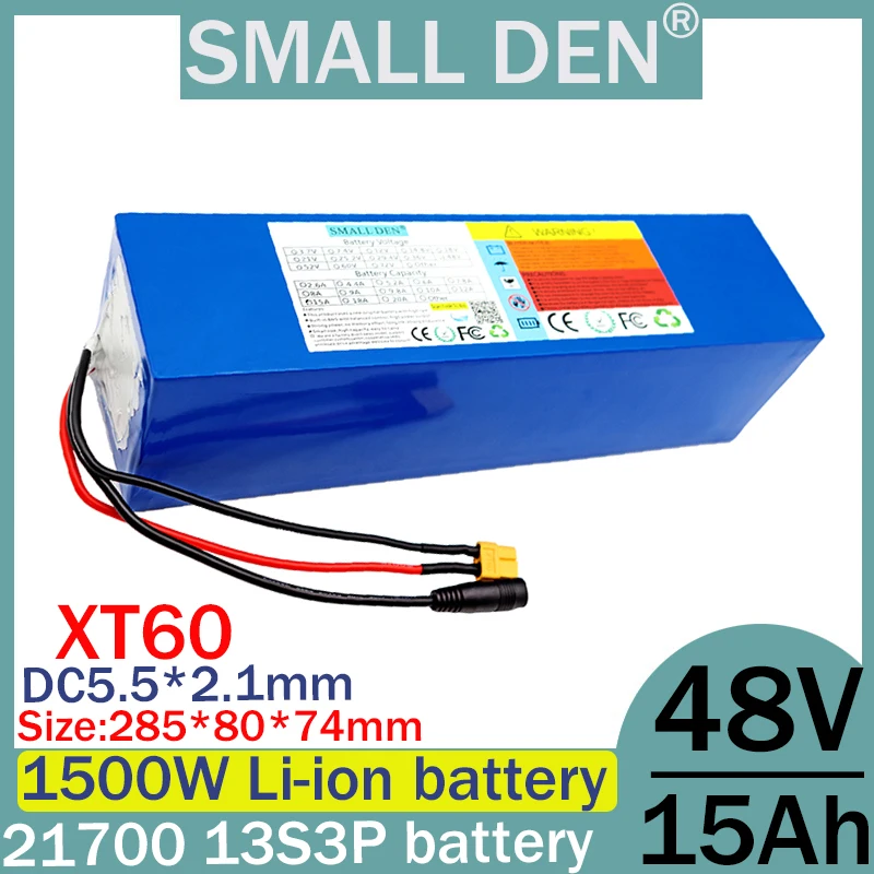 New 48V 15ah lithium-ion battery pack 13S3P 21700, suitable for 100-1500W motors, with built-in BMS rechargeable battery pack