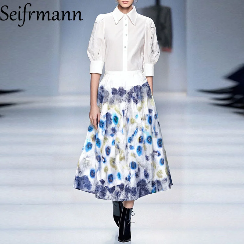 

Seifrmann 2025 New Summer French Bubble Sleeves White Shirt Short Sleeve+Pendant Slimming Printed Half Skirt