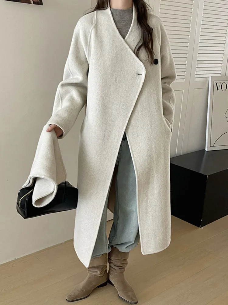 ZMEENNA スタイリッシュなレディースネクタイベルトウールブレンドラップコートロングスカーフ襟特大フィット暖かい冬のアウター ZM3657