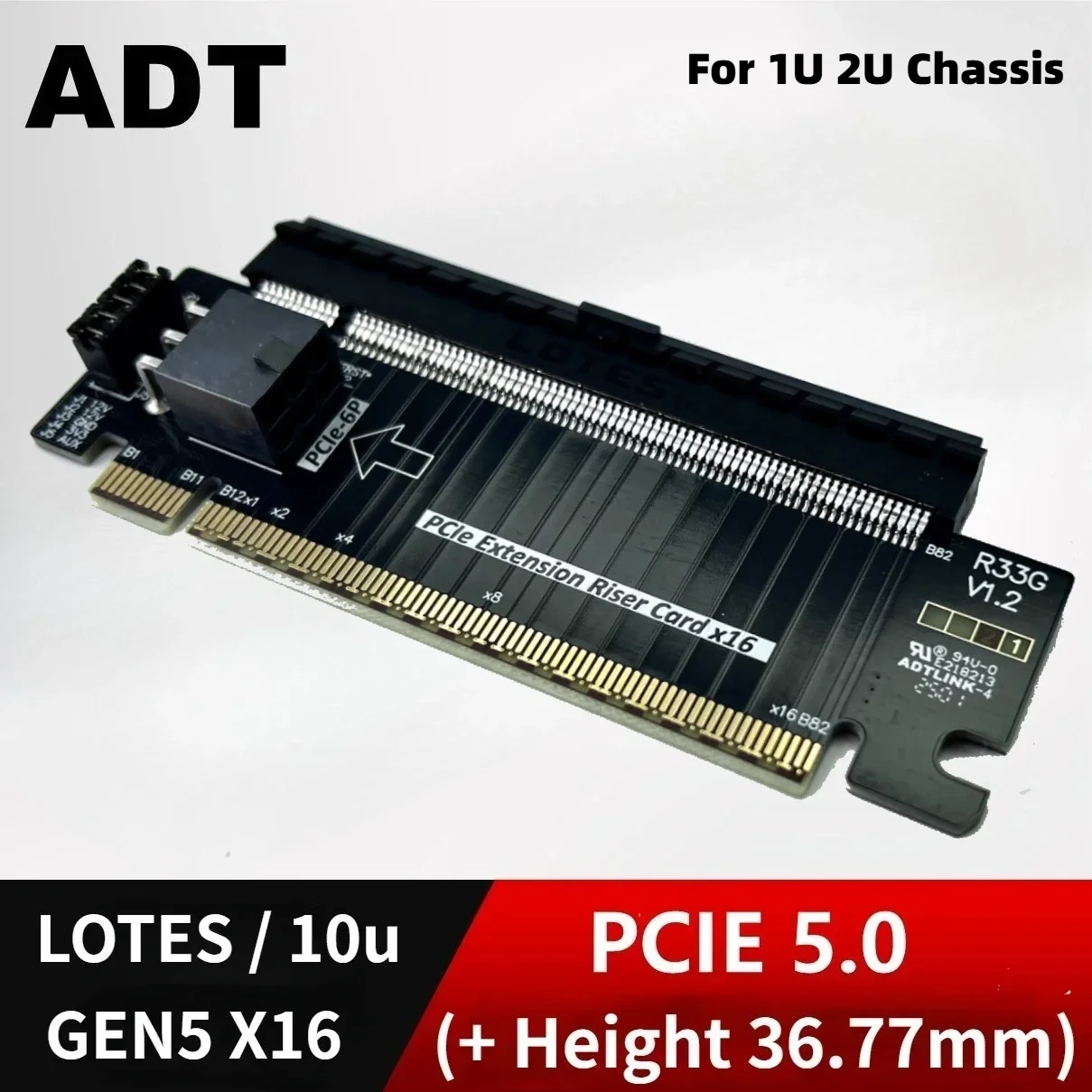 Gen5 PCIE 5.0 16X To X16 180 Degree Converter Adapter Card Half To Full-Height Upward Extender ATX 6Pin Connector For 1U 2U Case