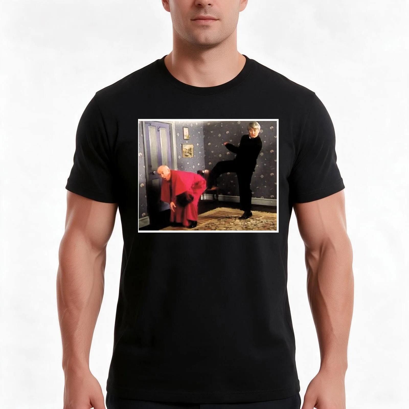 Father Ted - Framed Picture of Bishop Brennan Being Kicked up the Arse T-Shirt, Summer Casual Cotton Tee, Vintage Graphic Print