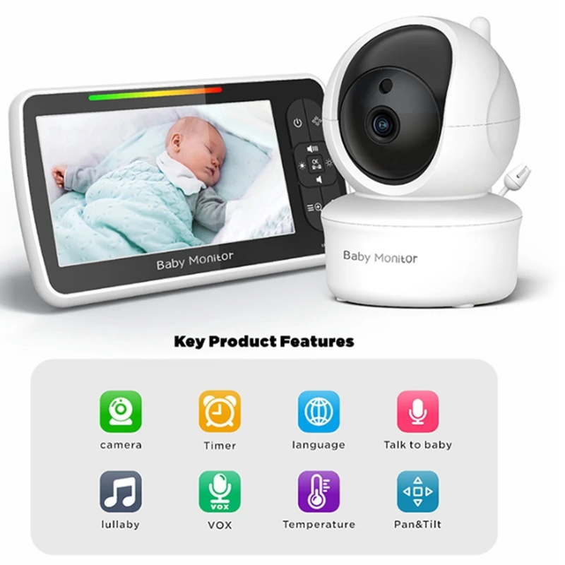 5 Inch HD Baby Monitor, Video Baby Monitor, Remote Pan Tilt Zoom Wide Viewing Angle, Baby Camera Security Camera