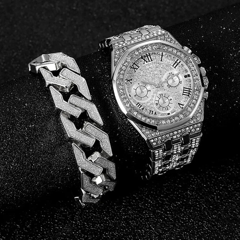 2pcs/set Gold Watch Bracelet for Men Cuban Chain Bracelet Bling Iced Out Watch for Man Luxury Male Watch Set Groomsmen Gifts