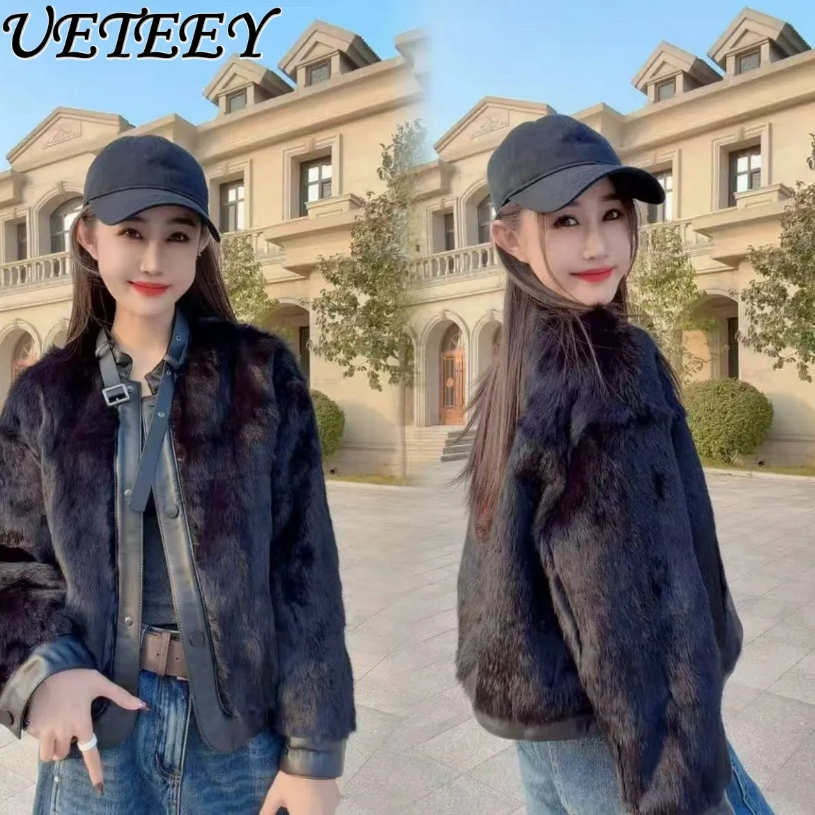 

2025 Winter New European Fashion Stand Collar Black Fur Jacket Light Luxury Cool Slim Fit Casual Leather Patchwork Jackets Coat