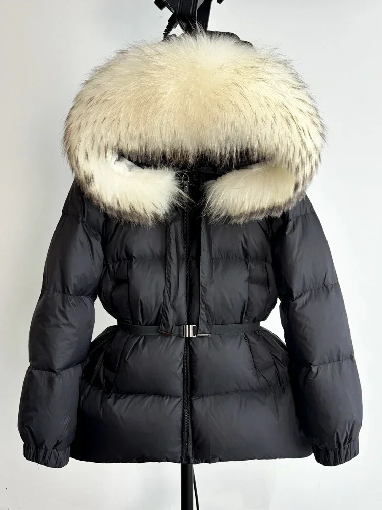 Janveny-Veste Courte à Capuche en Vraie Fourrure de Raton Laveur pour Femme, Manteau 2024 Duvet de Canard, Parkas en Plumes Imperméables, 90%