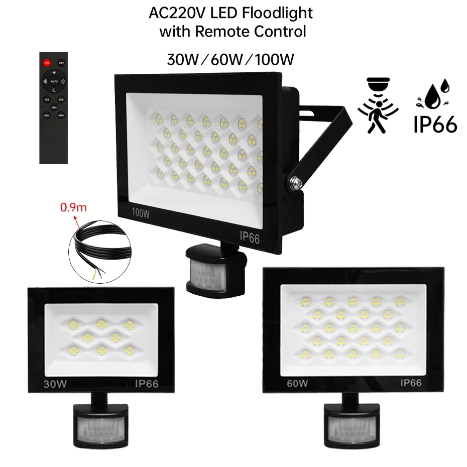 SMD3030 LED Flood Light PIR Motion Sensor 30W-100W AC220V IP66 Waterproof Outdoor Projector Spotlight with IR Remote Control