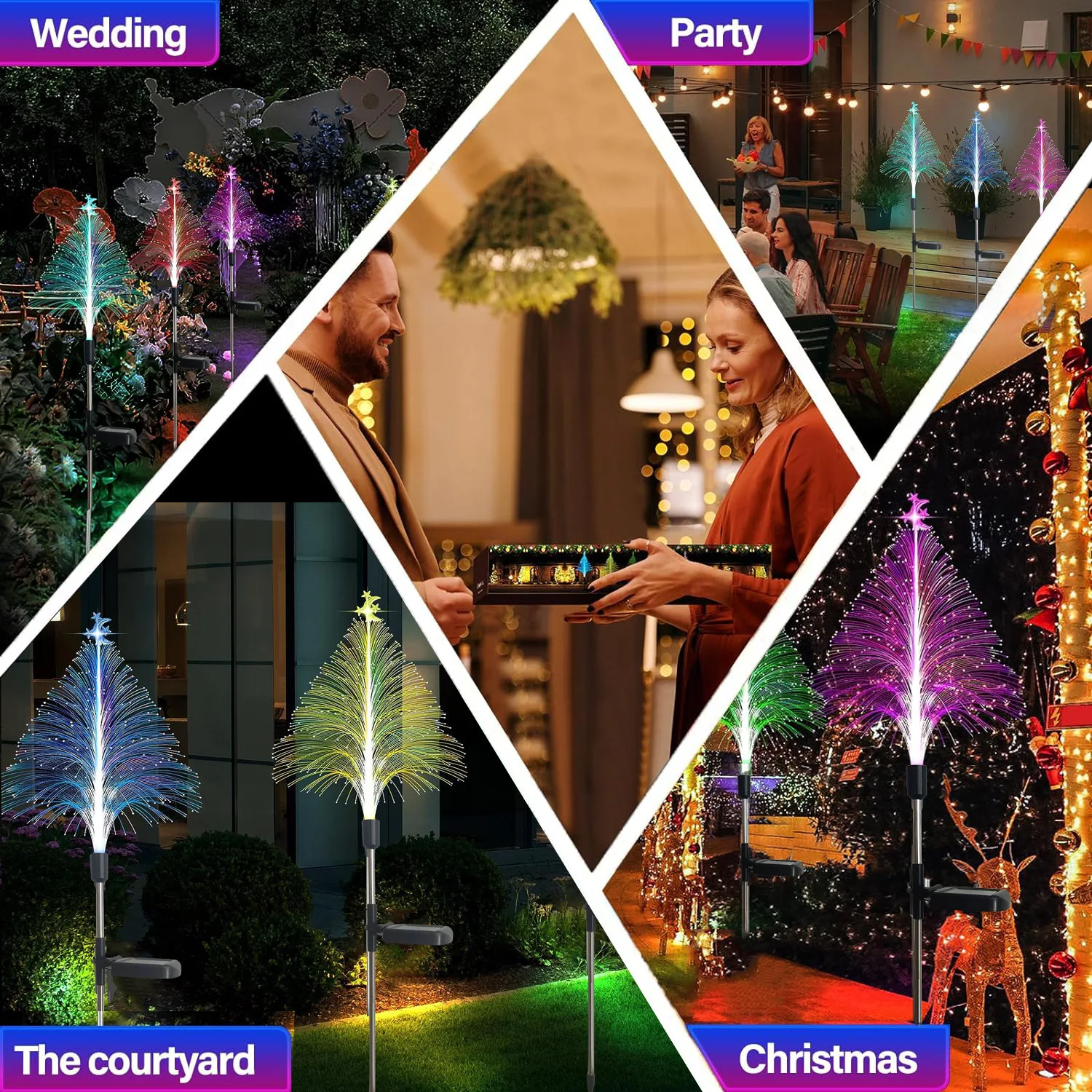 Solar Garden Lights Outdoor Waterproof Christmas Tree Lights Optical Fiber 7 Color Changing for Yard Pathway Decorative Gifts