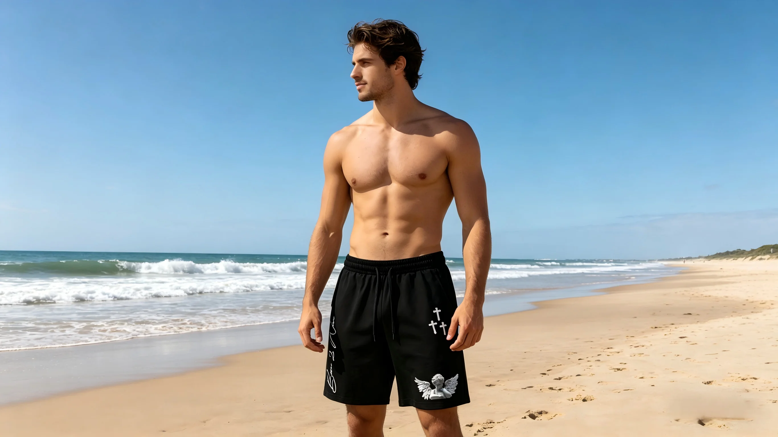American Men's Summer Gothic Angel Letter Printed Comfortable Breathable Drawstring Shorts Outdoor Casual Pants
