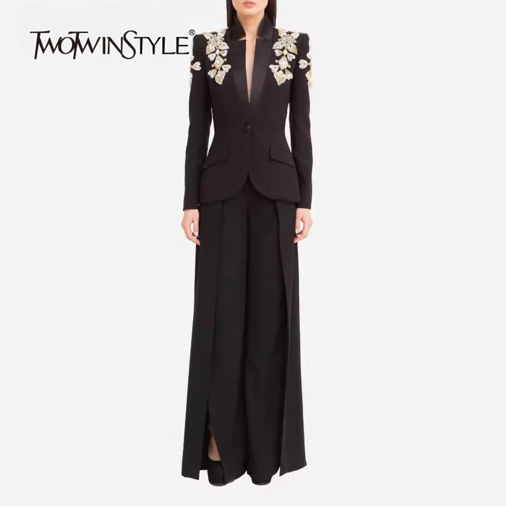 

TWOTWINSTYLE Slimming Two Piece Sets for Women V Neck Long Sleeves Spliced Appliques Top High Waist Wide Leg Pant Set Female New