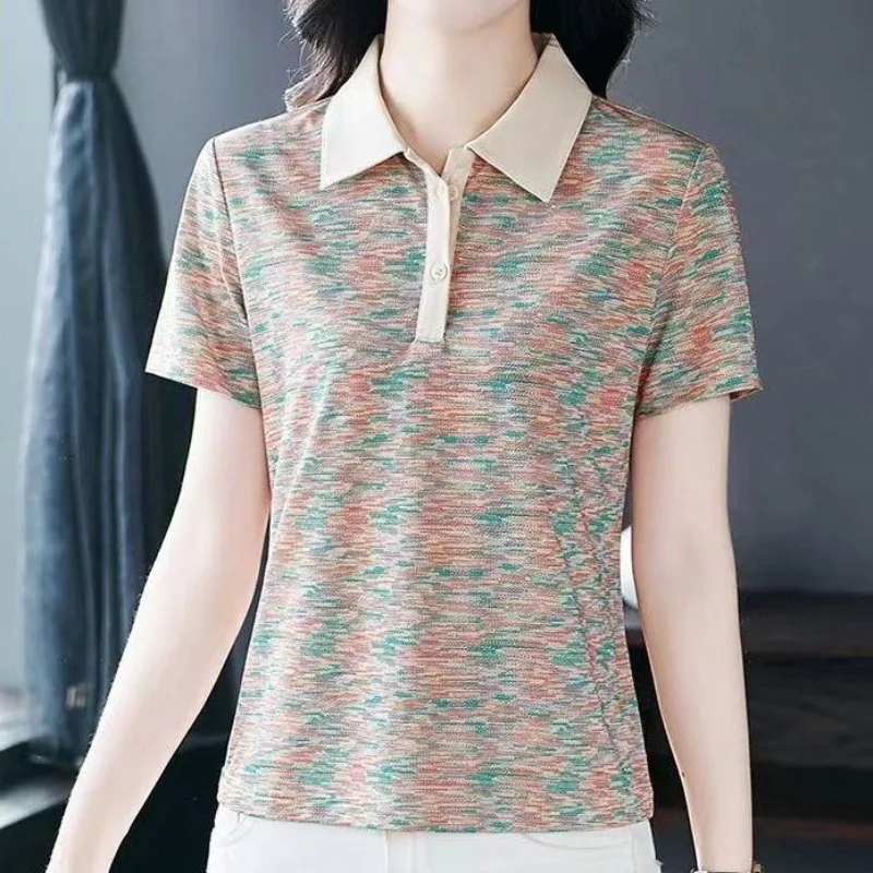 

Temperament Versatile Summer T-Shirts Women's Polo Collar Printing Button Fashion Simplicity Casual Loose Short Sleeve Tops 2024