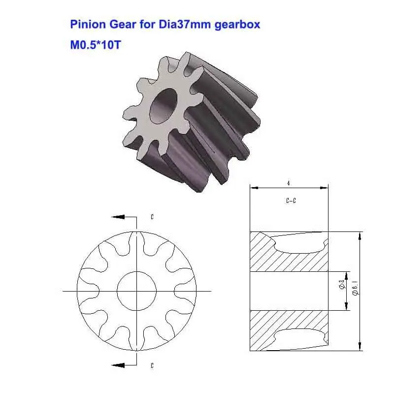 0.5M10T Pinion gear for Dia37mm gearbox  Mini gear motor part  metal power gear 2mm inner holes for mini gear reductor