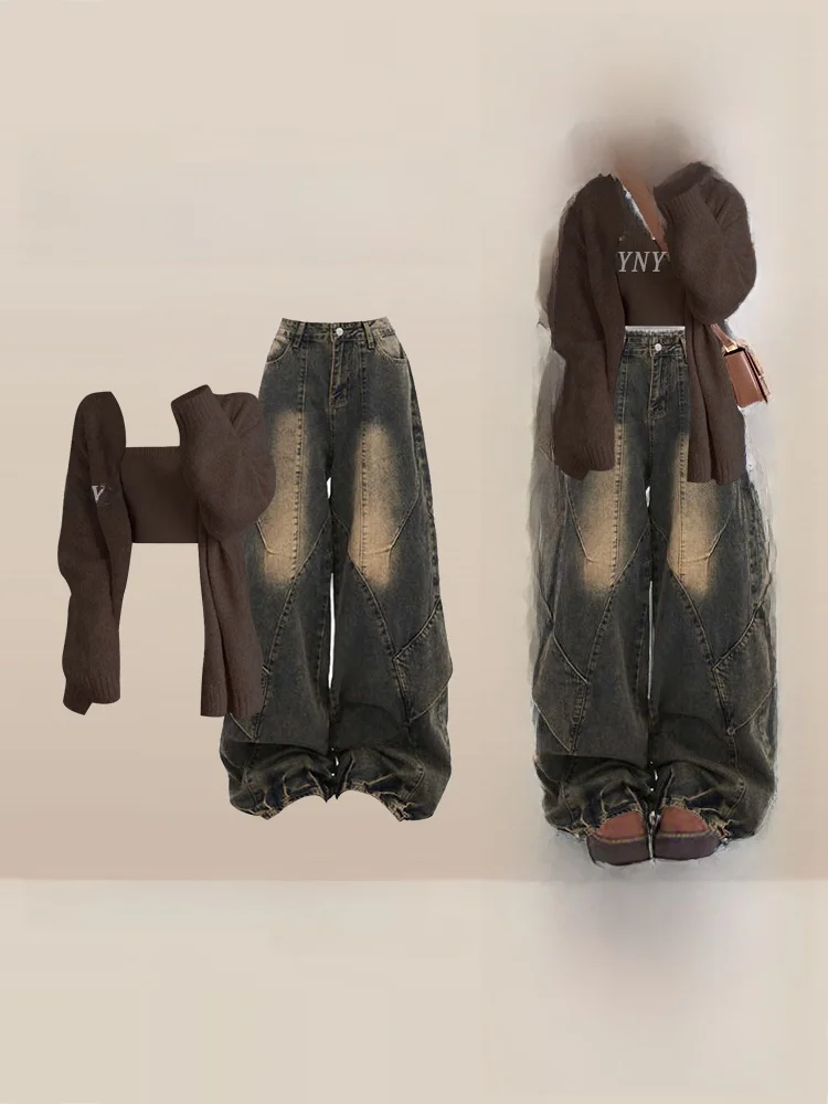 

Ретро-комплект: вязаный жилет, джинсы с высокой талией и широкими штанинами, женский зимний модный комплект в повседневном стиле, топ с длинным рукавом и круглым вырезом