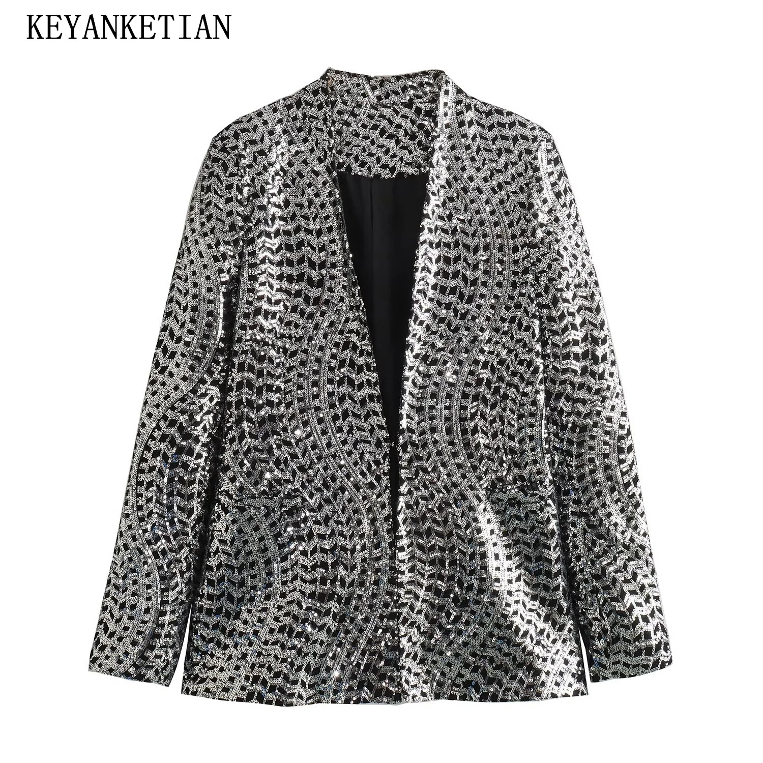 

KEYANKETIAN 2024 New Launch Women's Silver Sequined Slim-fit Suit Club Wear Stylish Pockets V-Neck Fly Shiny Blazer Female Top