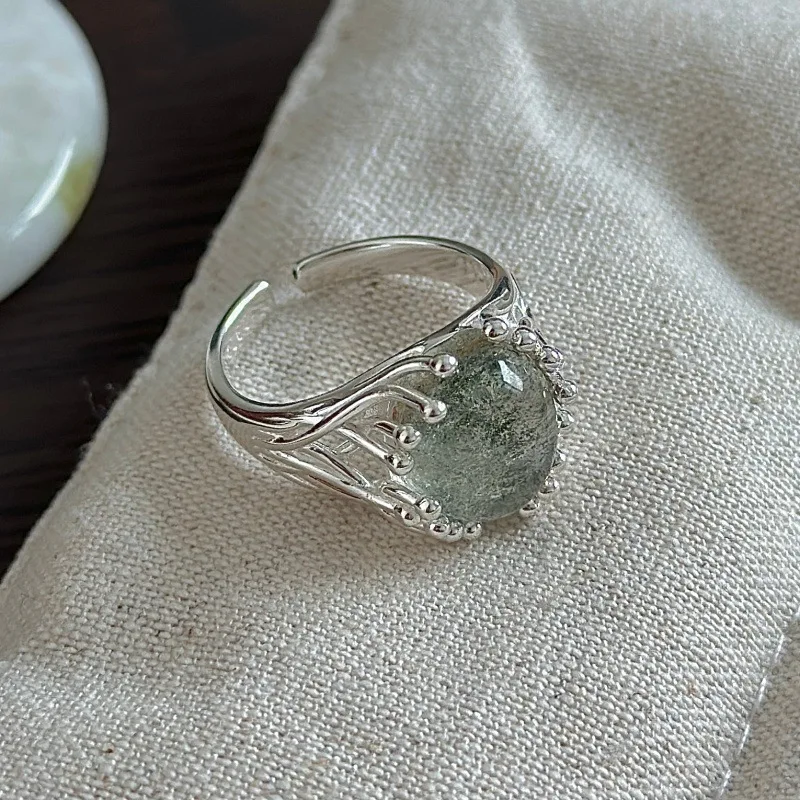 [Cciris.Com] S925 Silver Green Phantom Quartz Ring Korean Vintage Minimalist Wholesale Stacking Jewelry for Women