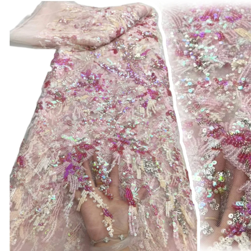

Style Austrian Diamond Beaded Lace Nigerian Stone Sequins Lace Fabric African Lace Fabric for Wedding Evening Dress Sewing 2714