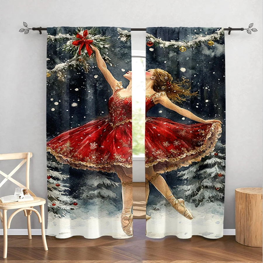 2PCS Christmas Winter Curtains, Red Dress Ballerina, Digital Print, Bedroom Living Room, Rod Pocket, Polyester, Home Decor