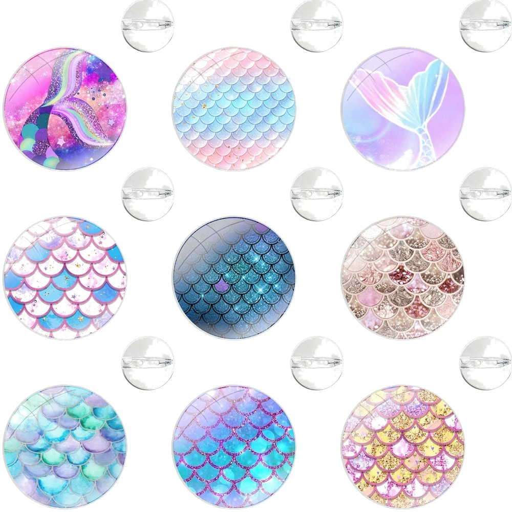 Pink Purple Glitter Mermaid Scales Glass Dome Brooches Badge Pins For Clothes Hat Shirt Lapel Bag