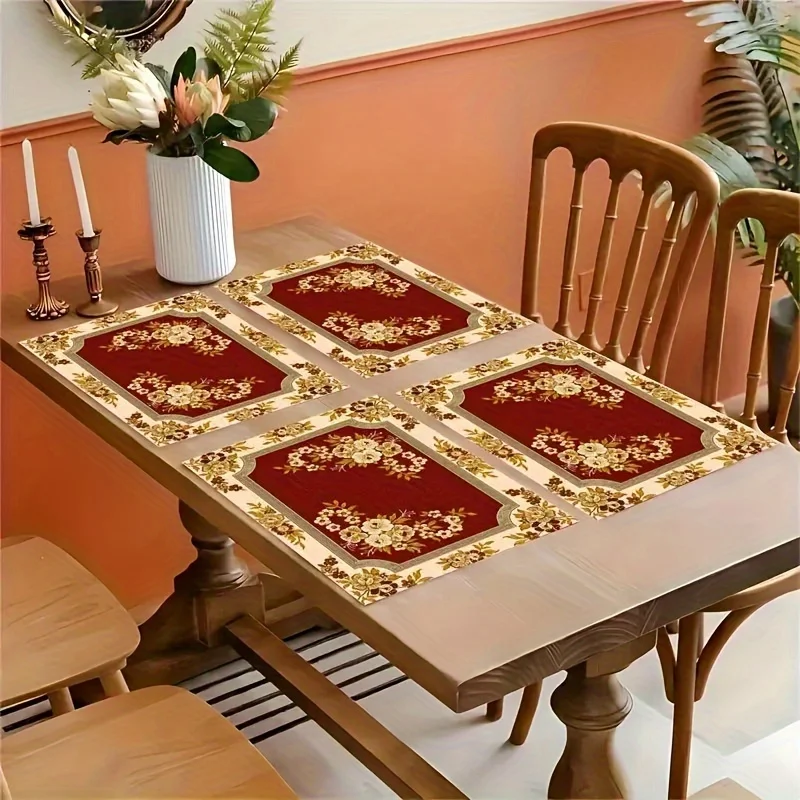 Light Luxury Wine Red Floral Print Placemat, 1-Piece, Heat-Proof, Durable & Washable, Dining Table Decor view 3