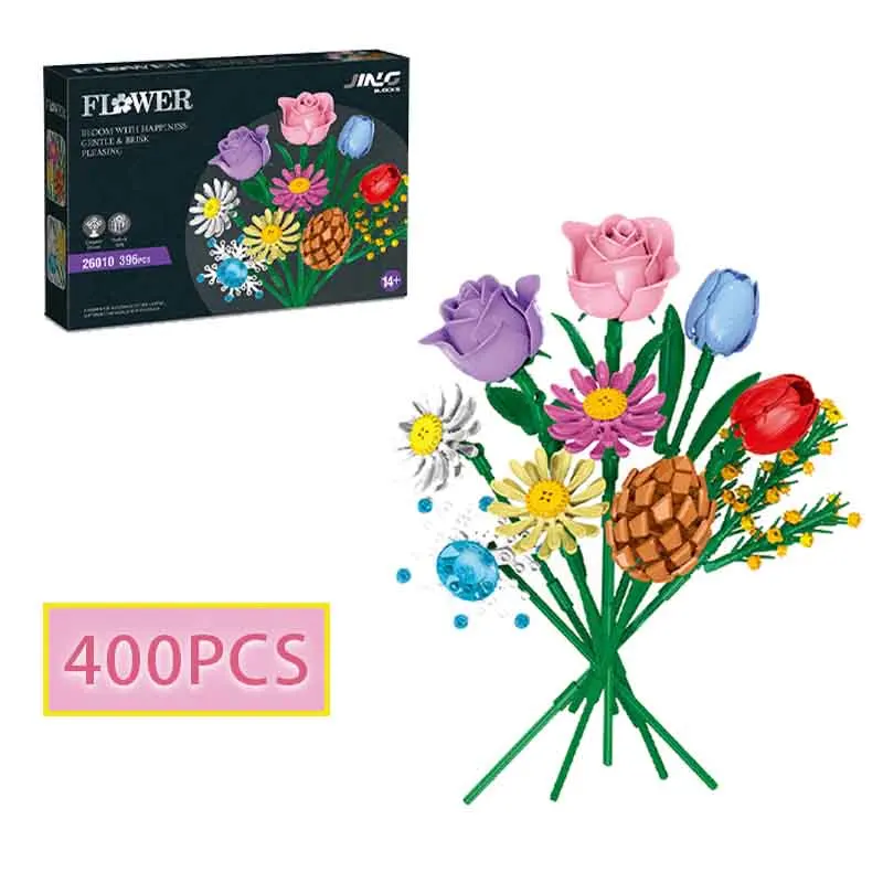

400PCS MOC Chrysanthemum Colorful Rose Bouquet Model Ornament DIY Blocks Creative Children's Puzzle Toy Give Girlfriend a Gift