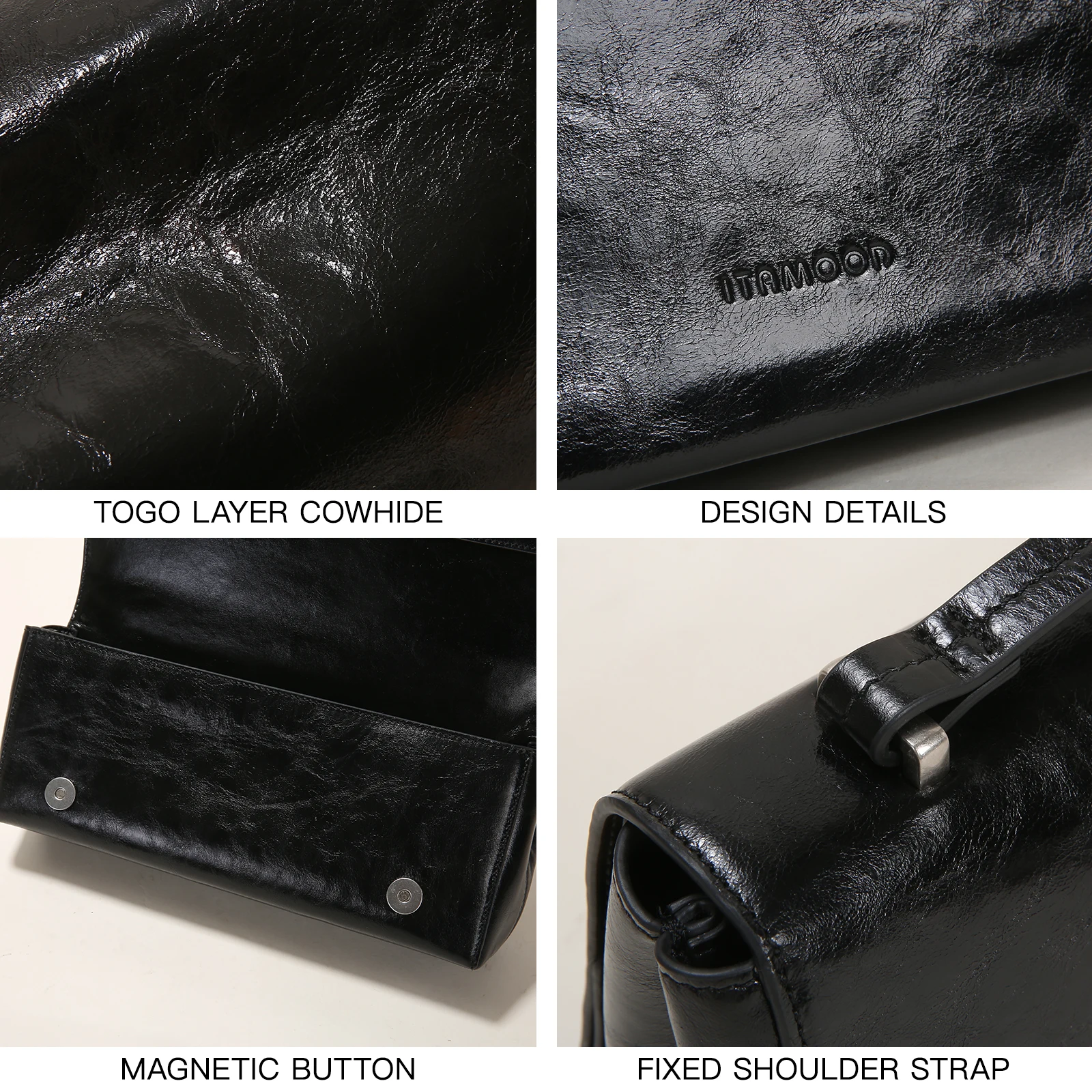 حقيبة كتف نسائية من جلد البقر الأسود من ITAMOOD - تصميم أسطواني بسيط، حقيبة يد مسائية من الجلد الطبيعي للمكتب والحفلات