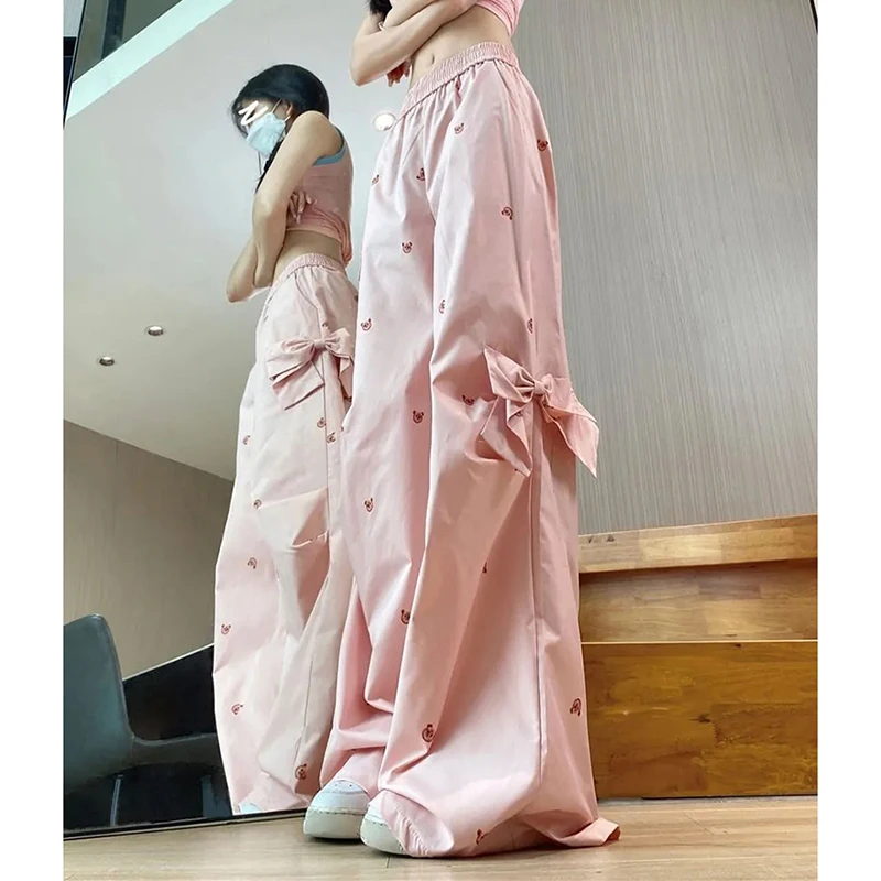 

Женские брюки карго с принтом медведя, с милым бантом, с высокой талией, широкие, в американском стиле Харадзюку Y2K, джаз-хип-хоп, свободные, в стиле лэйзери