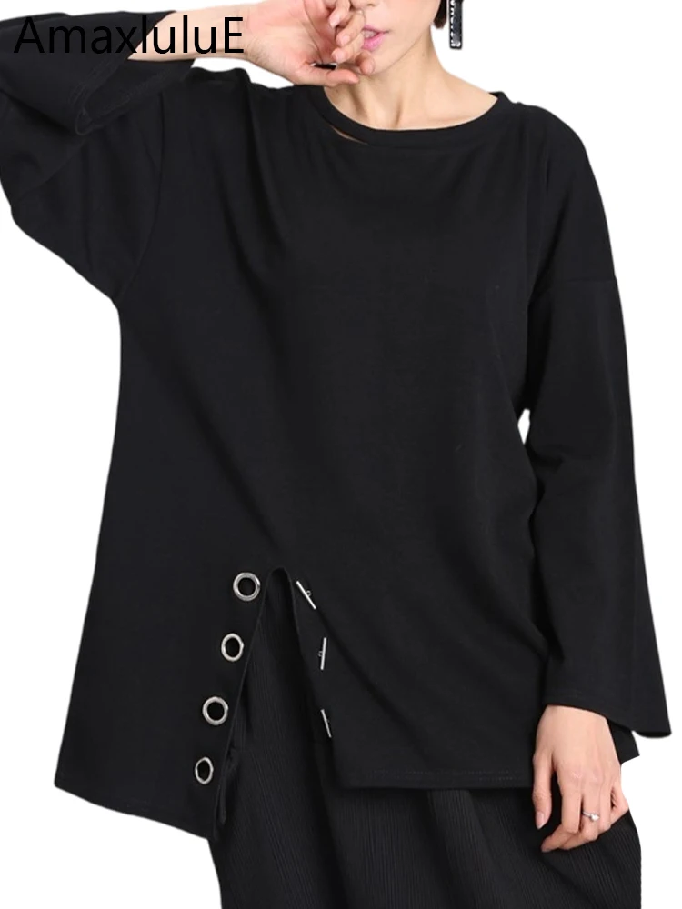 Amax luluE Jesień 2024 Luksusowe Topy Koreański Design Moda Damskie Luźne Koszulki Damskie Oversize Czarne Ubrania Codzienne T-shirty