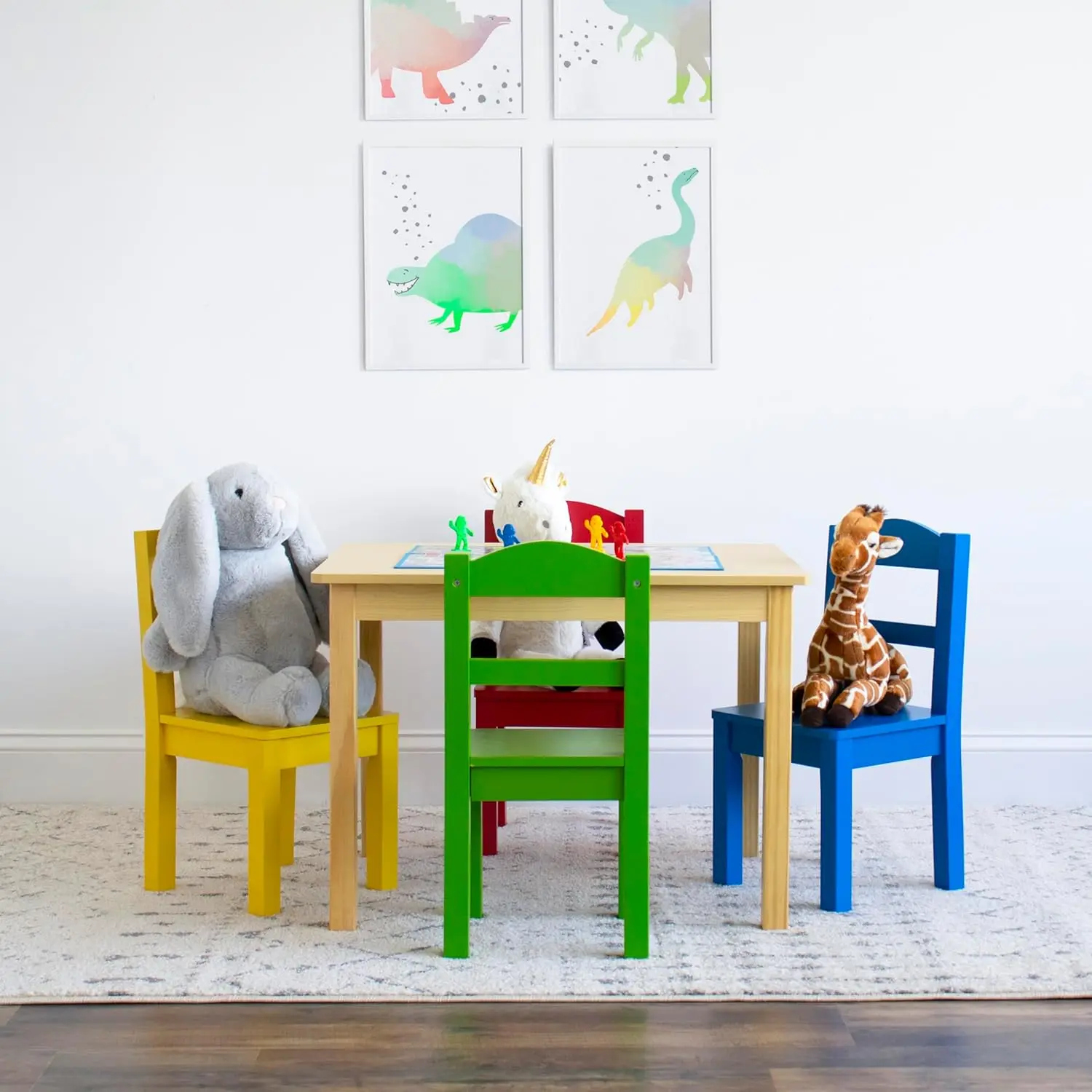 Conjunto infantil de mesa e 4 cadeiras de madeira, natural/primário – Conjunto de mesa e cadeira infantil para crianças e crianças para artes