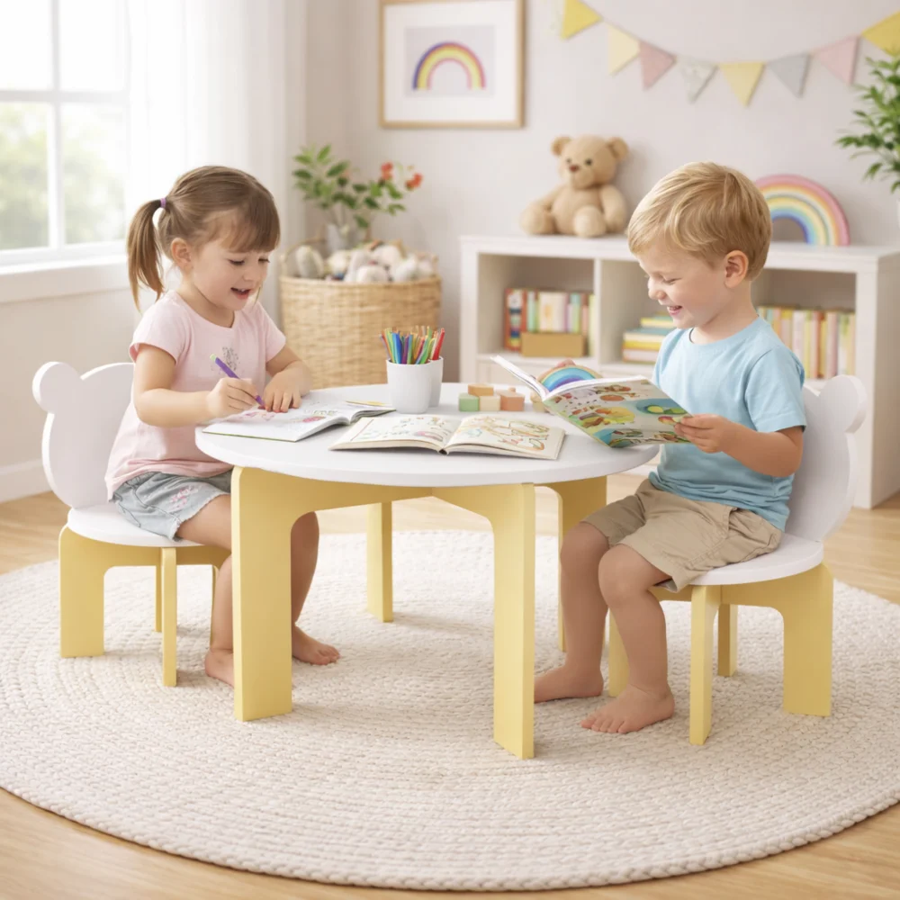 Orraves Kids Table and Chair Set, 3-Piece Toddler Table with 2 Chairs, Cute Bear-Back Chairs, Sturdy Wooden Activity Table Set for Kids, Playroom, Bedroom, Preschool image 2
