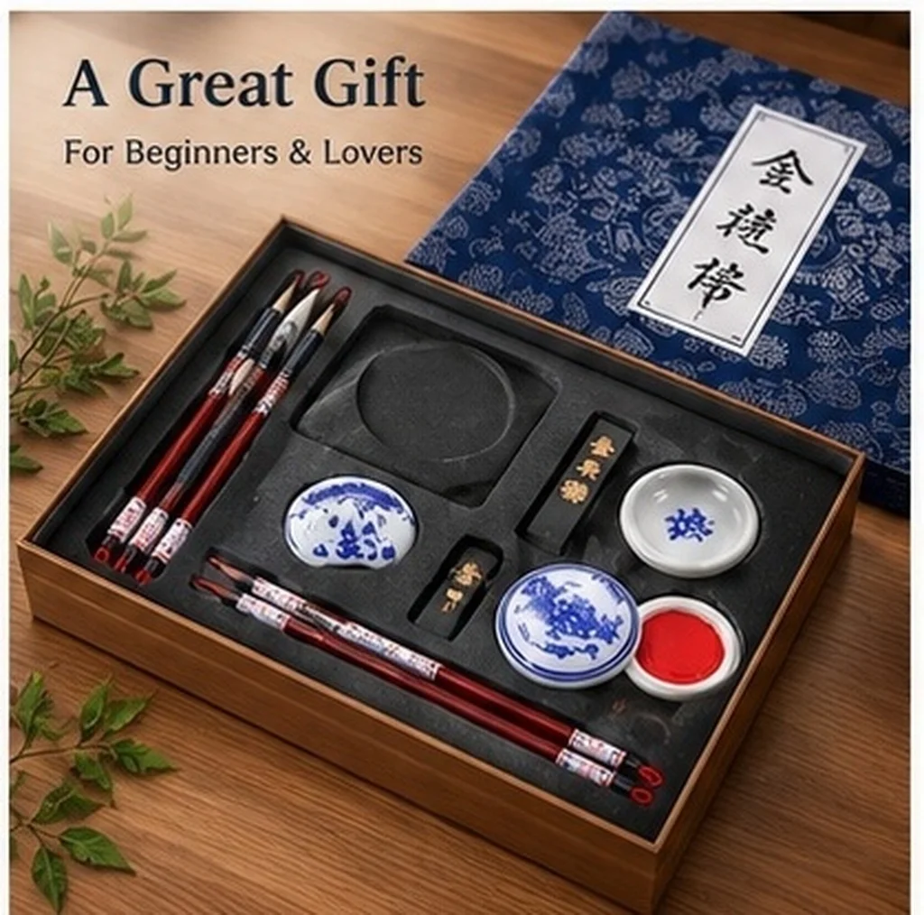1Set Chinese Calligraphy Brush Kit Vintage Style Calligraphy Set for Beginners Water Absorbing Ink Painting Brush Pen Study