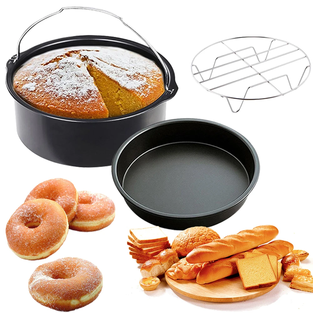 3Pcs/Set Air Fryer Accessories Non-Stick Coating Pizza Pan Cake Barrel Single Layer Steam Rack for Most Air Fryer & Oven