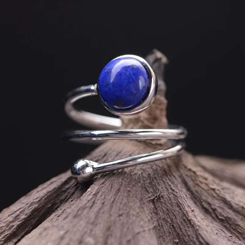 

925 Silver Natural Nobel Blue Lapis Rings for Women Shining Glossy Silver 3 Loops Ring Classic Trendy Lady Statement Jewelry