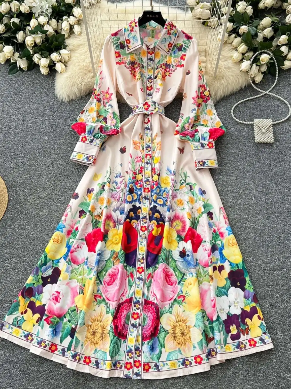 Lanterna manga longa flor maxi vestidos elegantes camisa feminina primavera verão único breasted pérola impressão floral festa vestidos cinto