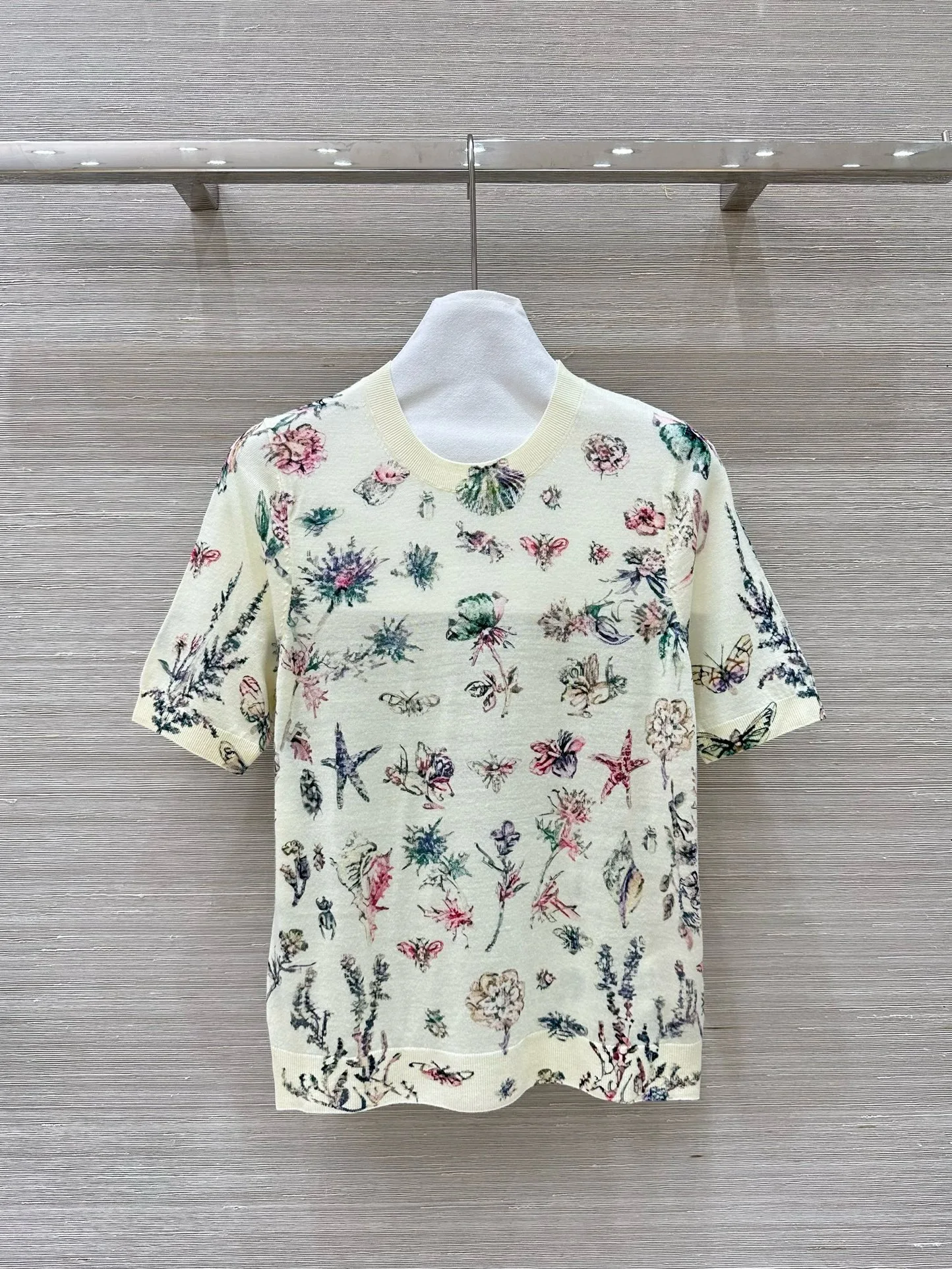 EVACANDIS Women New Summer High Quality Floral Printing Short Sleeve Wool O-Neck Pullover Knitted Tops Chic Casual Sweet Sweater