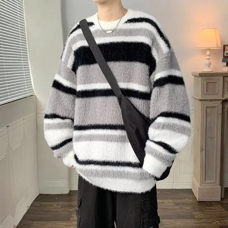

Soft Thiened Men's Camere Striped Sweater Autumn Winter Oversize Knitted irt Casual Comfortable Loose Fit round Ne