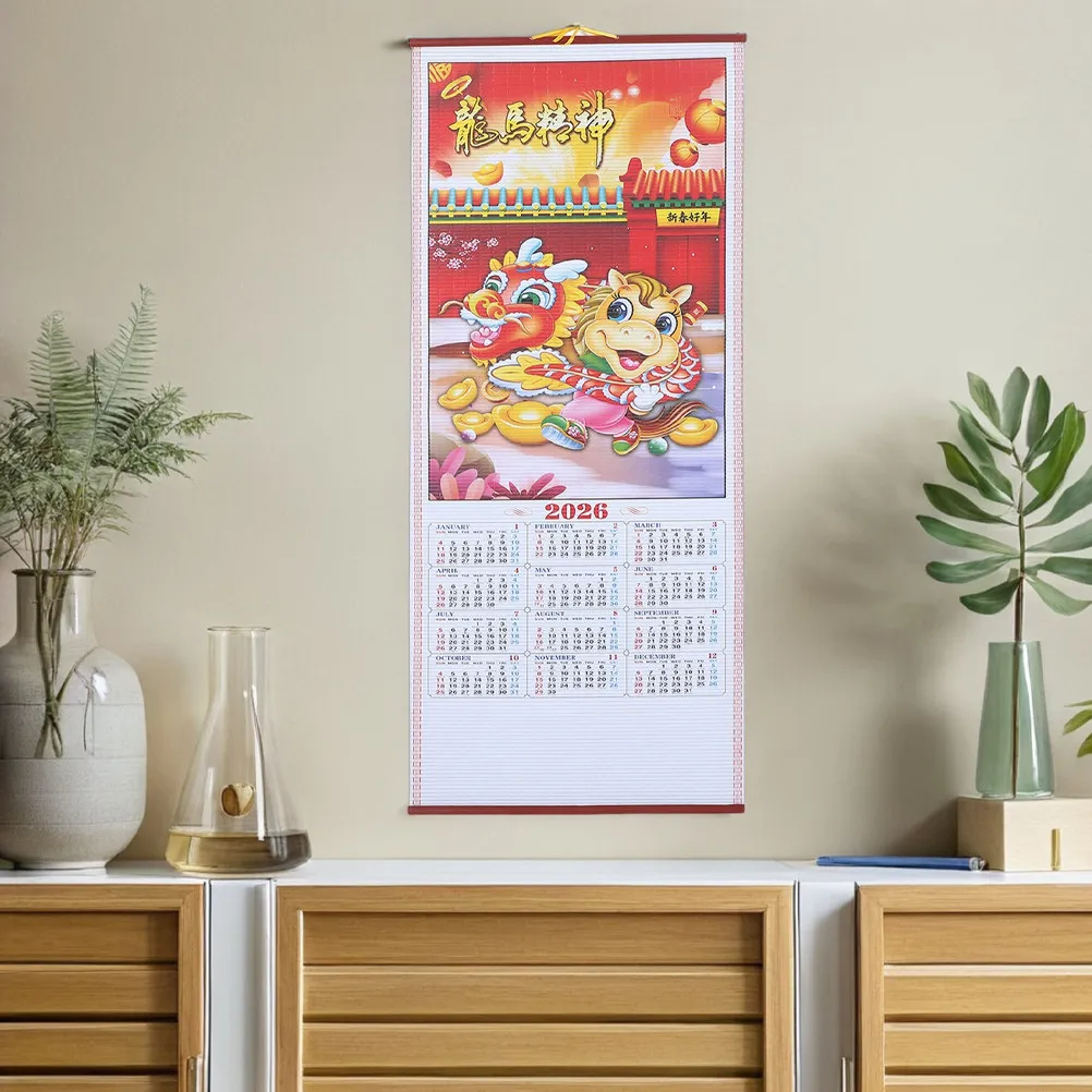 

2Pcs Faux Rattan Horse Year Wall Scroll Calendar Traditional Chinese Lunar Calendar Hanging Decoration 2026 New Year Home Office