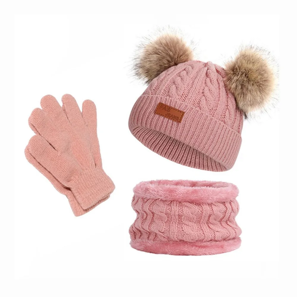 Set Topi, Syal, dan Sarung Tangan Bayi Warna Solid, Hangat, Tebal, Anti Angin, Bonnet Rajut, Beanie Rajut dengan Pompom, Topi Rajut untuk Anak Perempuan dan Laki-laki