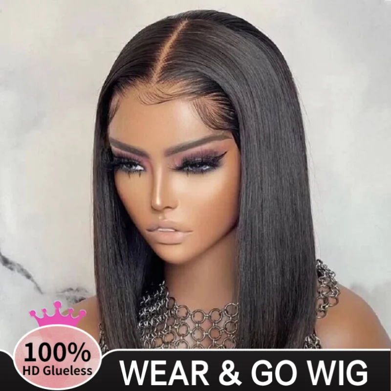 Peluca de cabello humano liso, Pelo Corto sin pegamento, predesplumado, 6x4, Hd, encaje, Frrontal, venta en liquidación