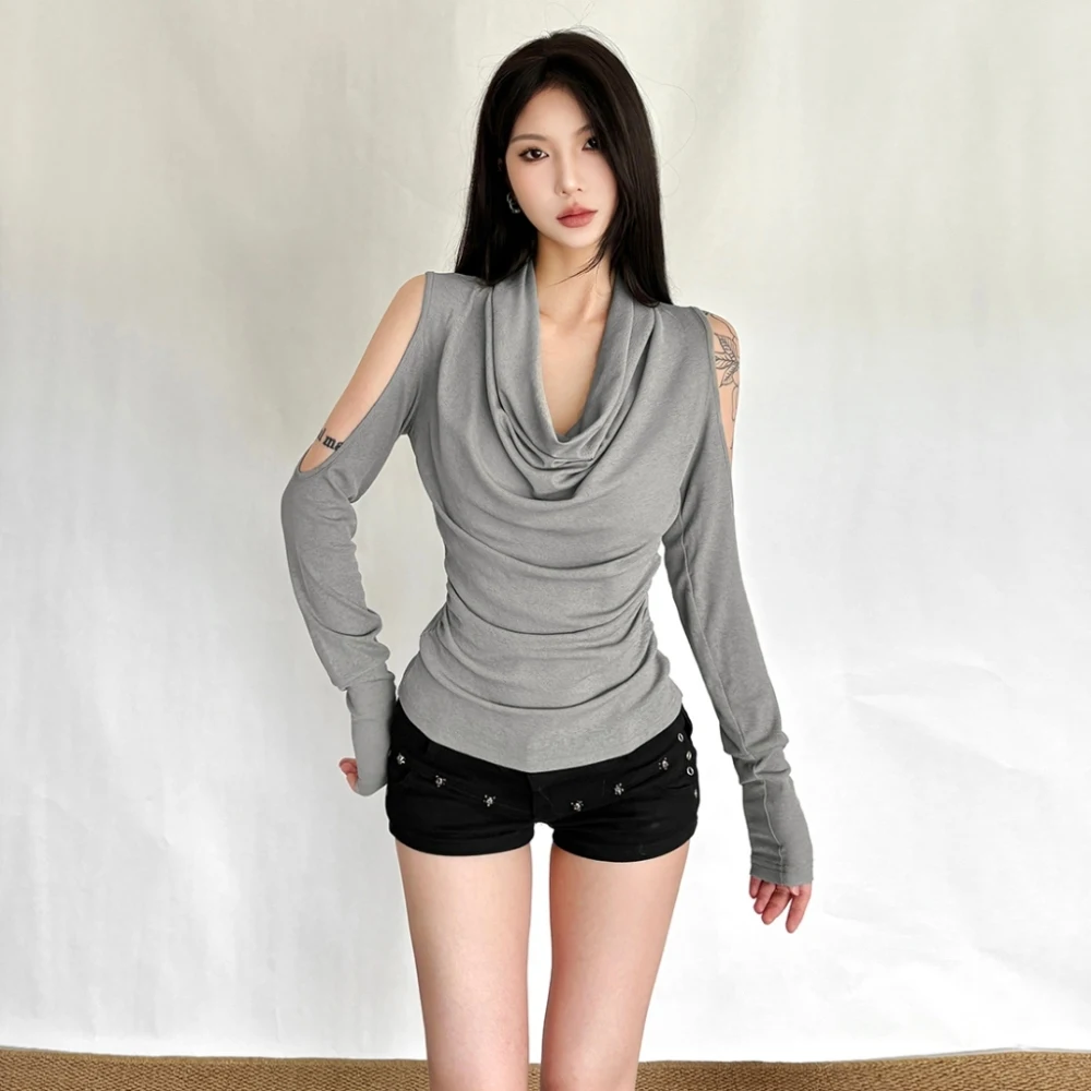 تي شيرت كاجوال على الموضة للسيدات بياقة متأرجحة وتصميم مجوف وأكمام طويلة للشارع متعدد الاستخدامات وبسيط وأساسية كلاسيكية