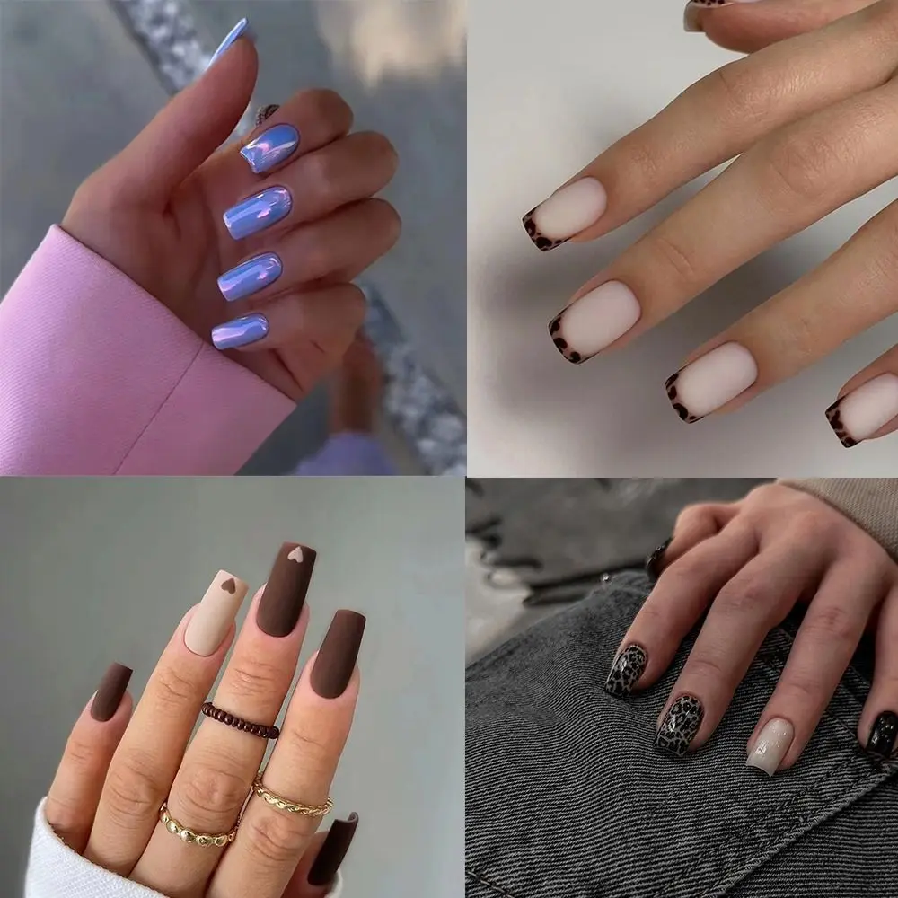 

New Long Square False Nails Leopard Aurora Fake Nials Detachable French Nail Tips Women Girls