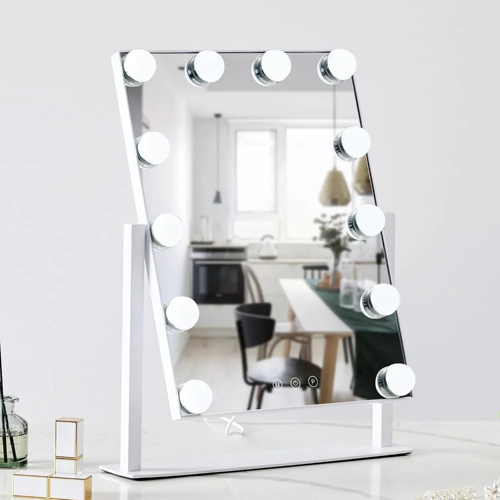Miroir de courtoisie avec 12 ampoules à intensité variable, 3 modes de couleur, grossissement 5X, commande tactile intelligente et 360 °   Rotation dans une boîte cadeau blanche