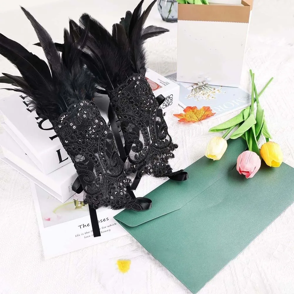 Retro Halloween Feather Gloves Embroidery Gothic Sequins Feather Lace Gloves Wristband Cuffs Women Halloween Arm Sleeves